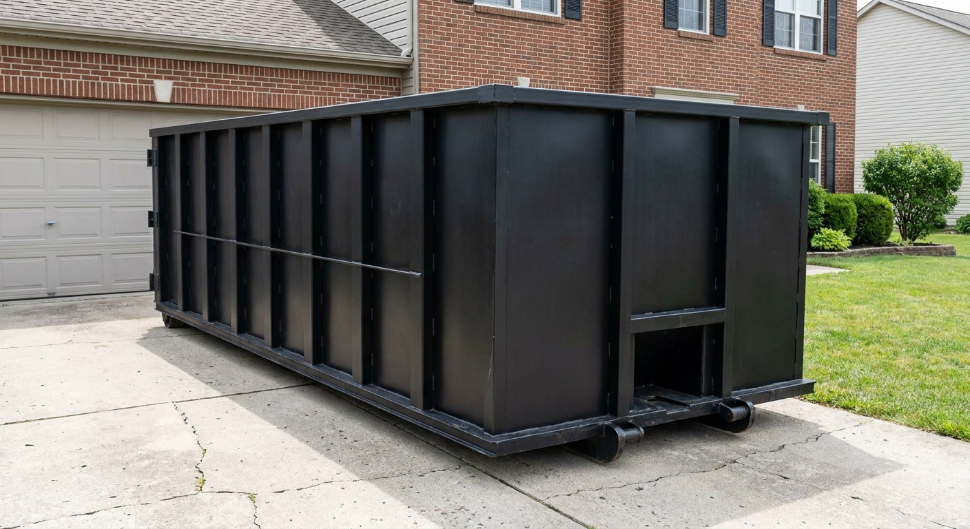 Matte-black 20-yard roll-off container on a Troy residential concrete driveway with reinforced ribbed steel sidewalls and a hinged rear walk-in door, clean bright daylight.