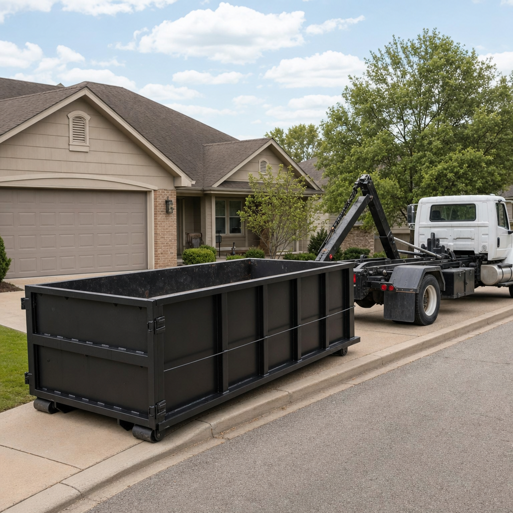 Wide documentary shot of a matte-black roll-off dumpster on a Troy residential driveway in the foreground and a contractor jobsite container in the soft-focus background, bright daylight, calm and orderly composition.